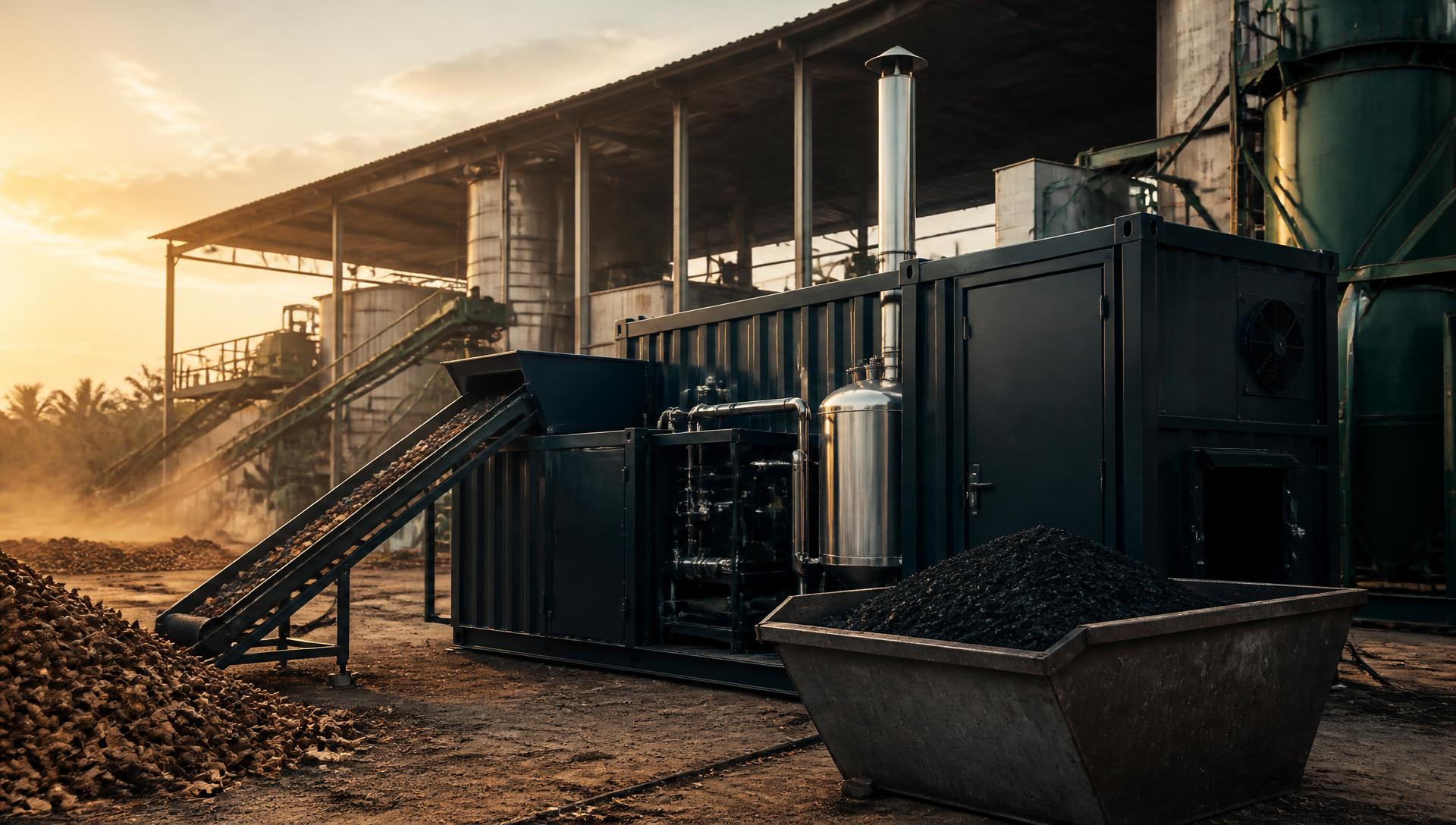 Modular pyrolysis unit installed beside an agricultural processing facility, with agricultural residues feeding in and biochar collected in a steel skip