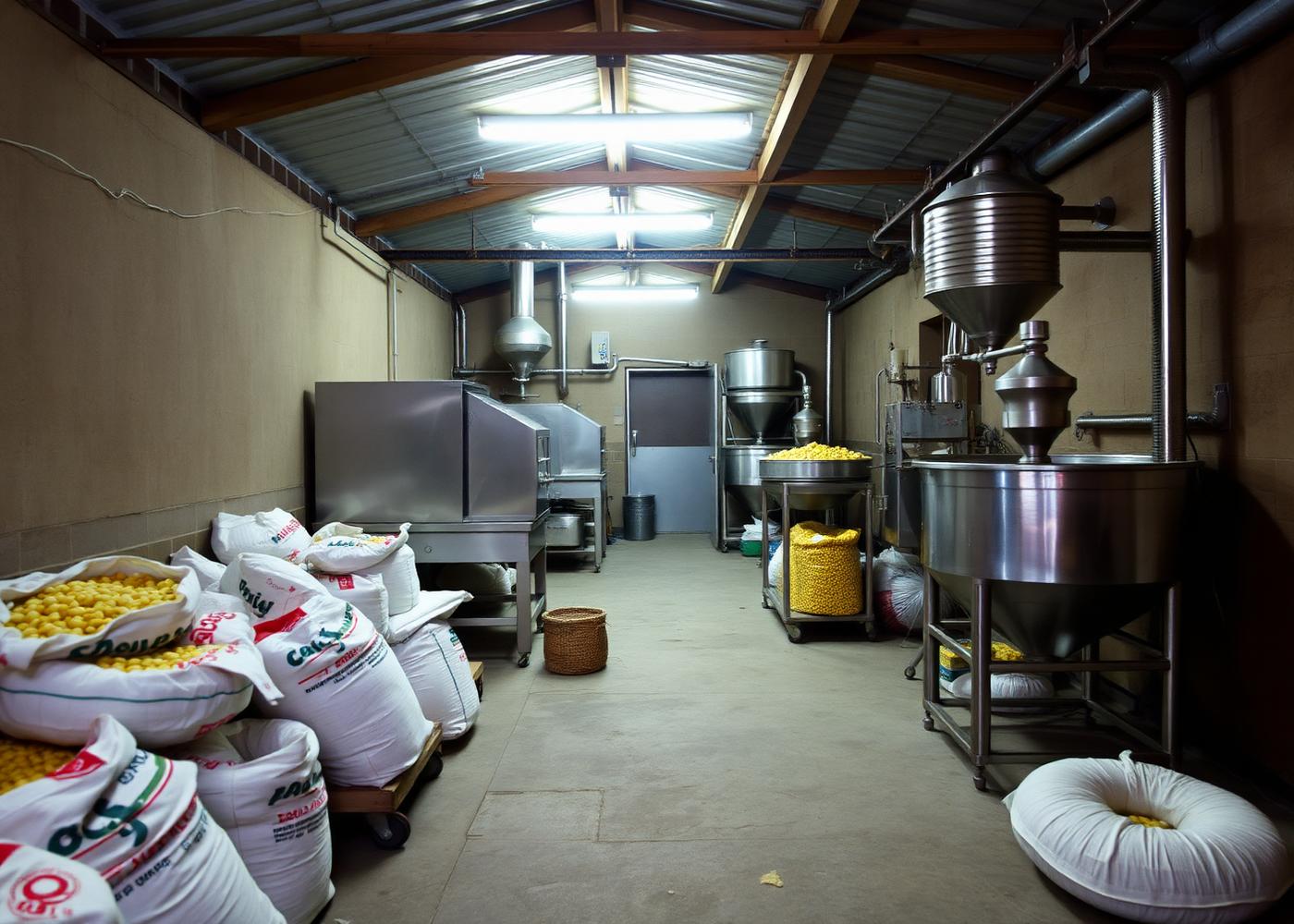 Interior of the OKB food-processing facility with stainless steel equipment and product sacks
