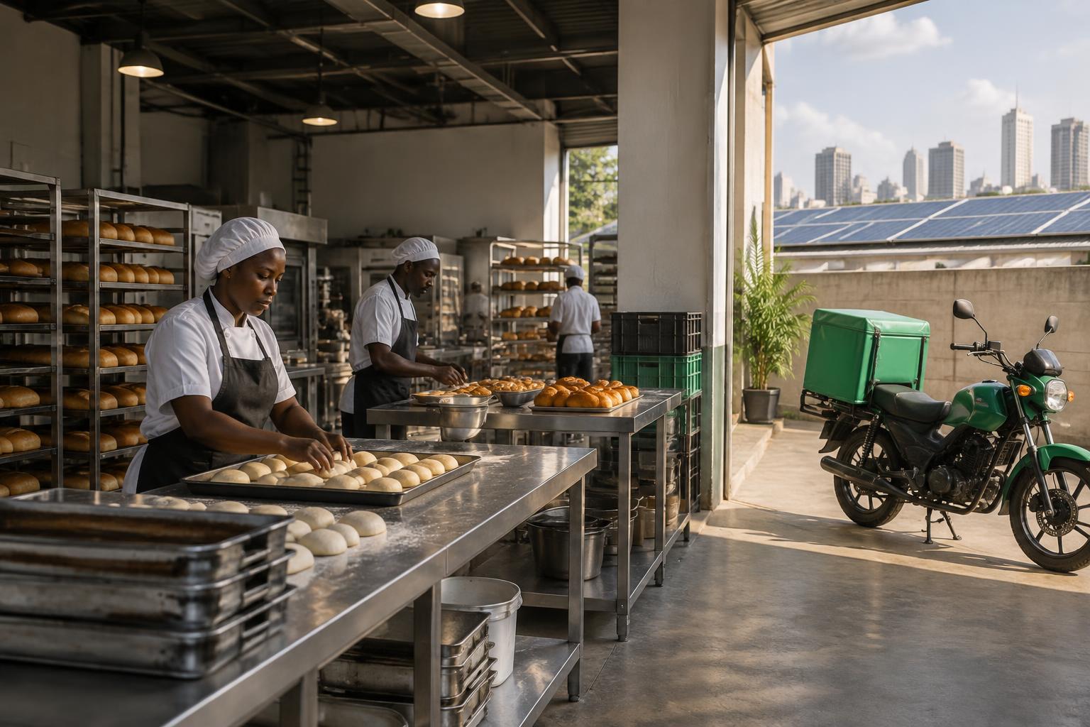 Food production kitchen with rooftop solar and a delivery motorcycle