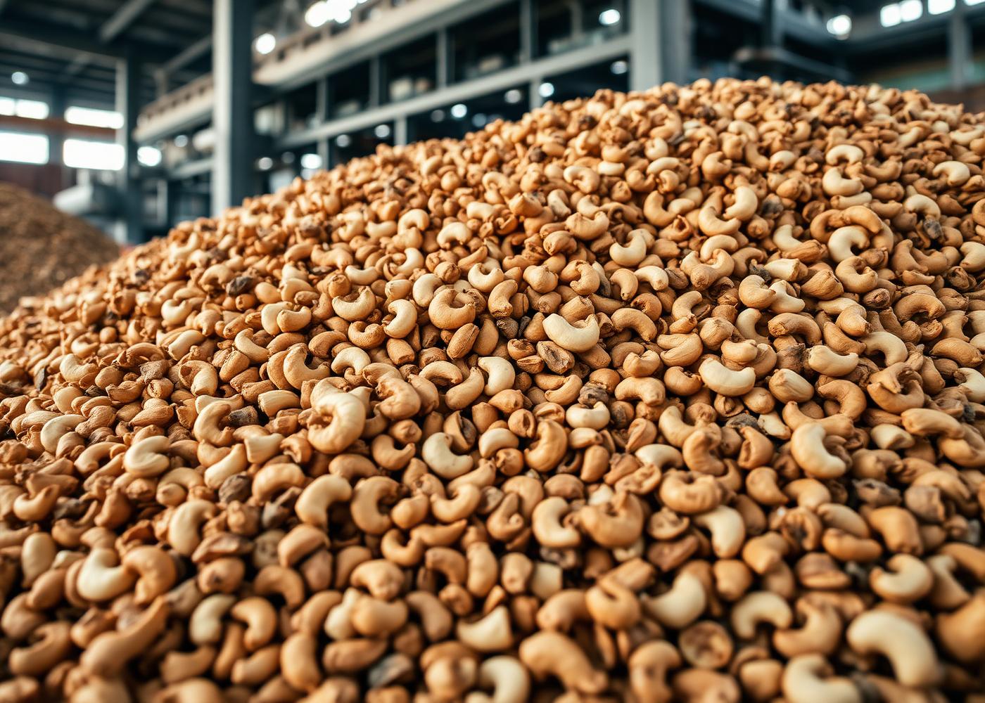 Heap of cashew and palm kernel shell residue at an agricultural processing plant